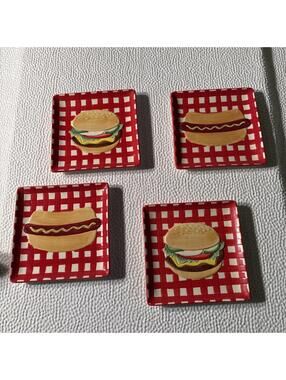 Vintage Nantucket Home Ceramic Hotdog Cheeseburger Square Plate Red Gingham